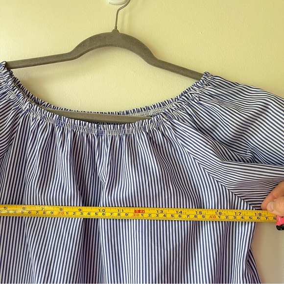 Ruffle Sleeve Off Shoulder mini dress Blue White Stripe Cotton Blend M - Picture 9 of 10